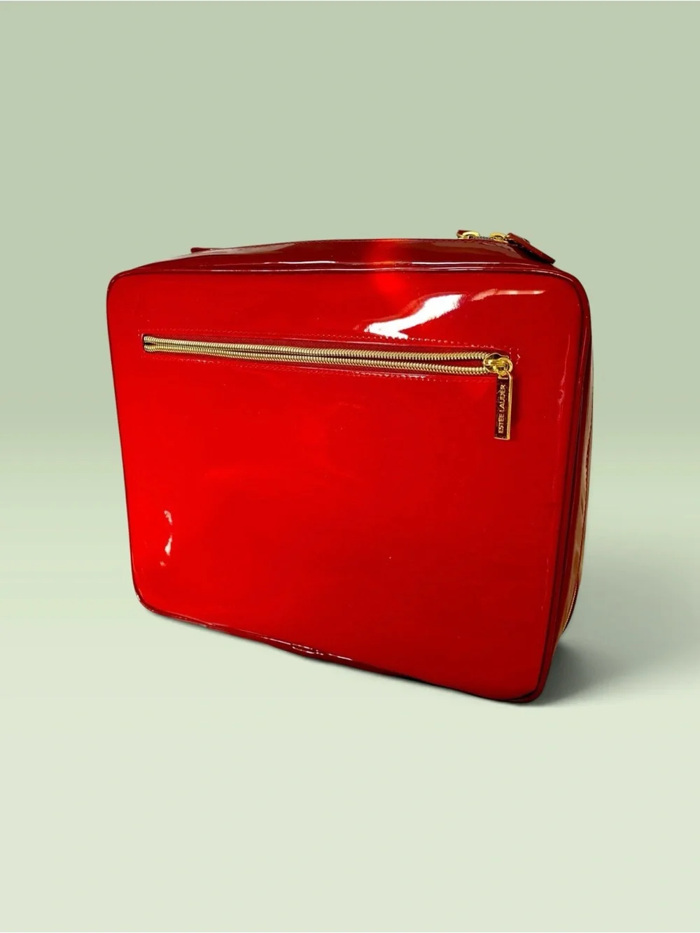 Estēe Lauder Red Faux Patent Leather Train Travel Case w/ Gold Hardware